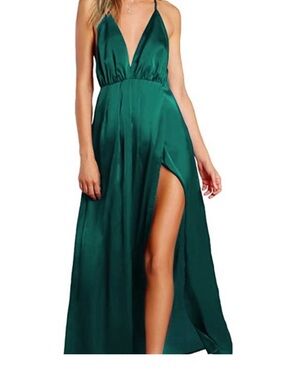 Emerald Satin Plunge Halter Maxi Dress